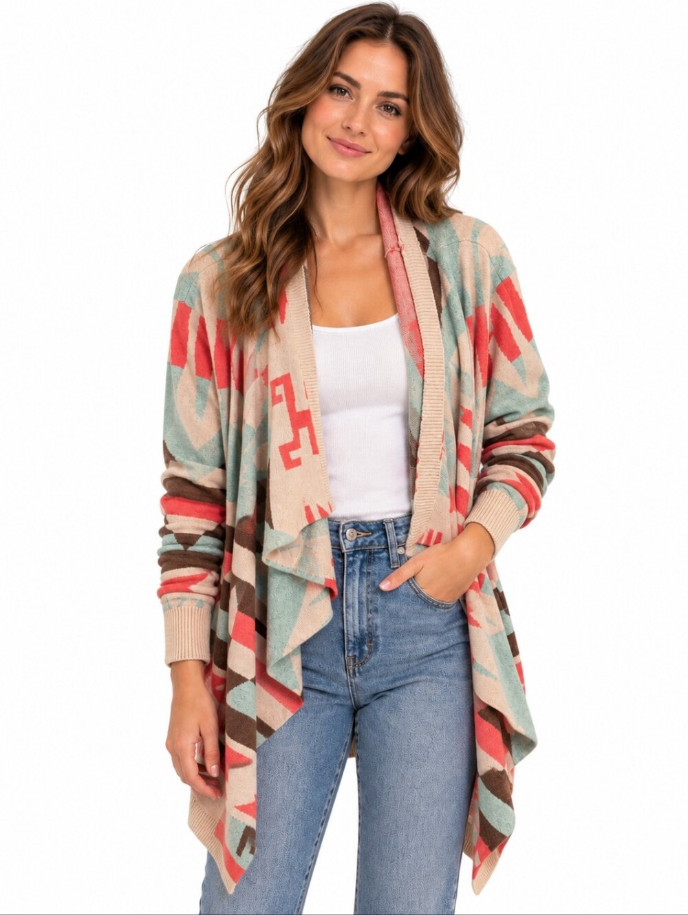 Tasha Polizzi Coral, Mint & Cream Aztec Open-Front Cardigan Cotton Large